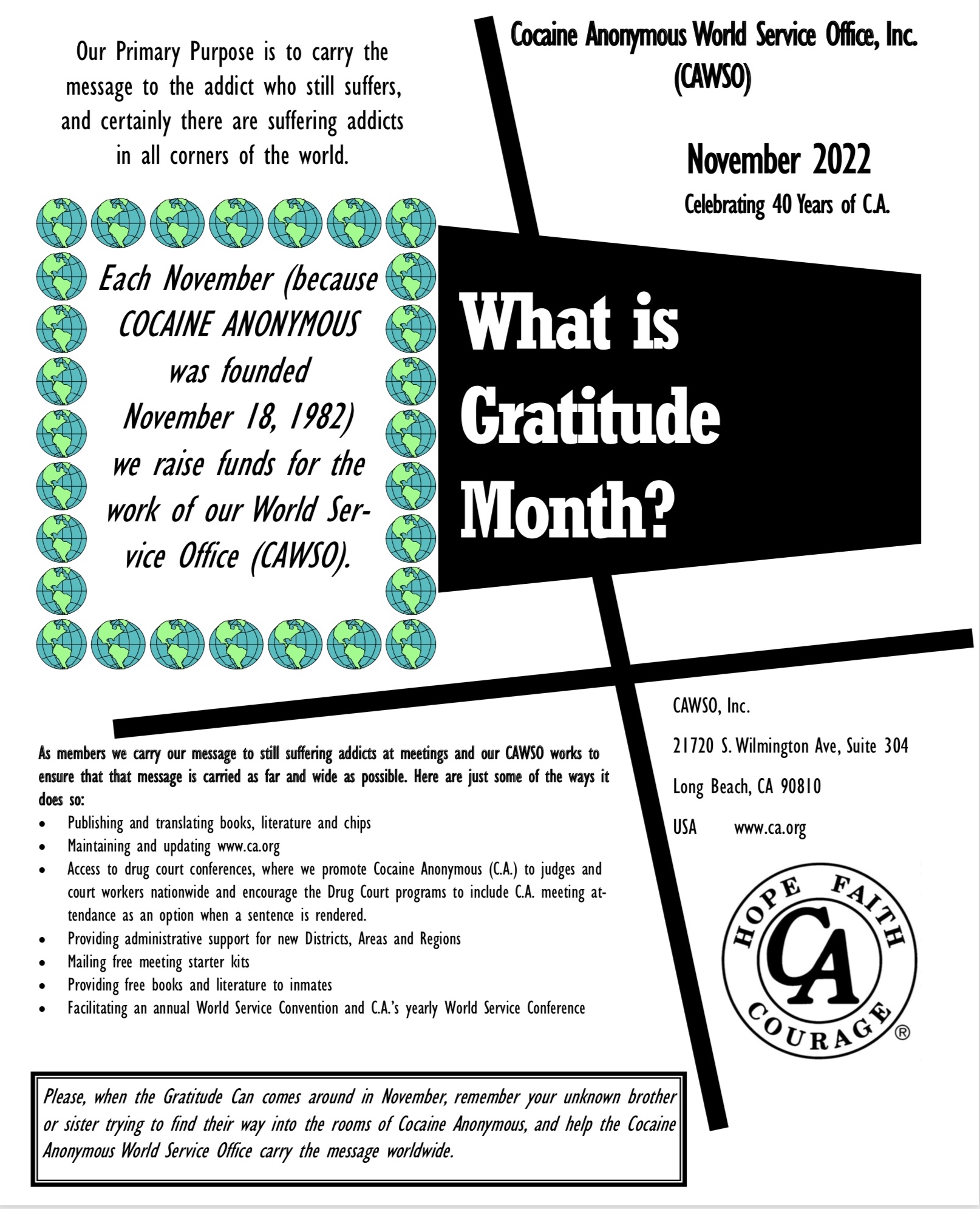 Cocaine Anonymous® World Services, Inc. – A Twelve Step Fellowship of, by  and for addicts seeking recovery.